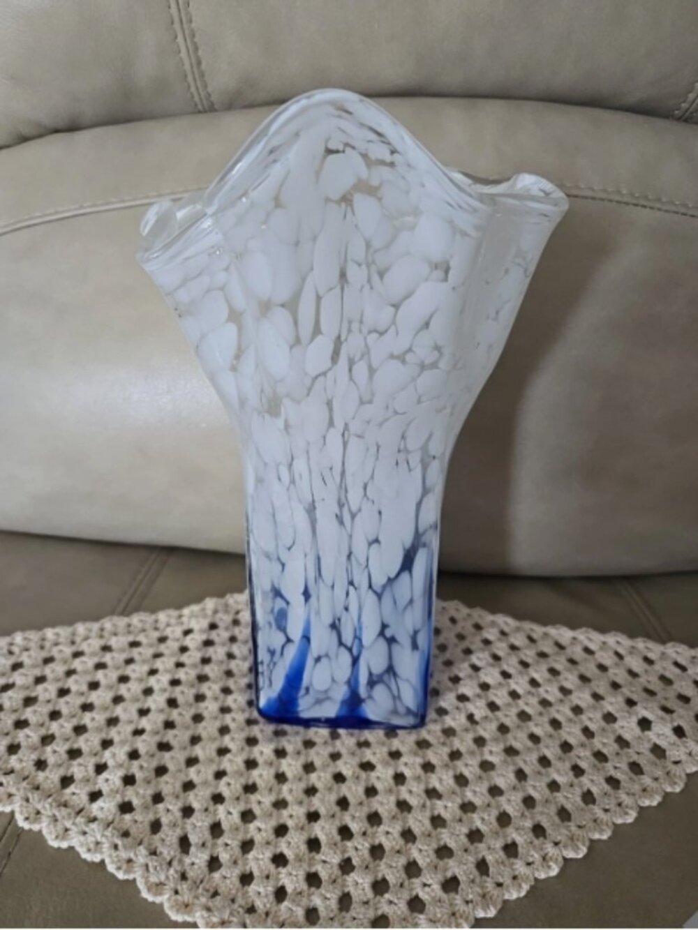 Hand Blown Glass Vase 10” Clear, Blue & White Square, Ruffled Crystal Vase